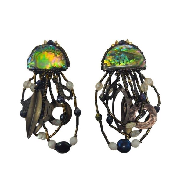 Handmade Green Vintage Beaded Shell Dangle Clip-On Earrings | Circa 1980s/1990s - Picture 3 of 6